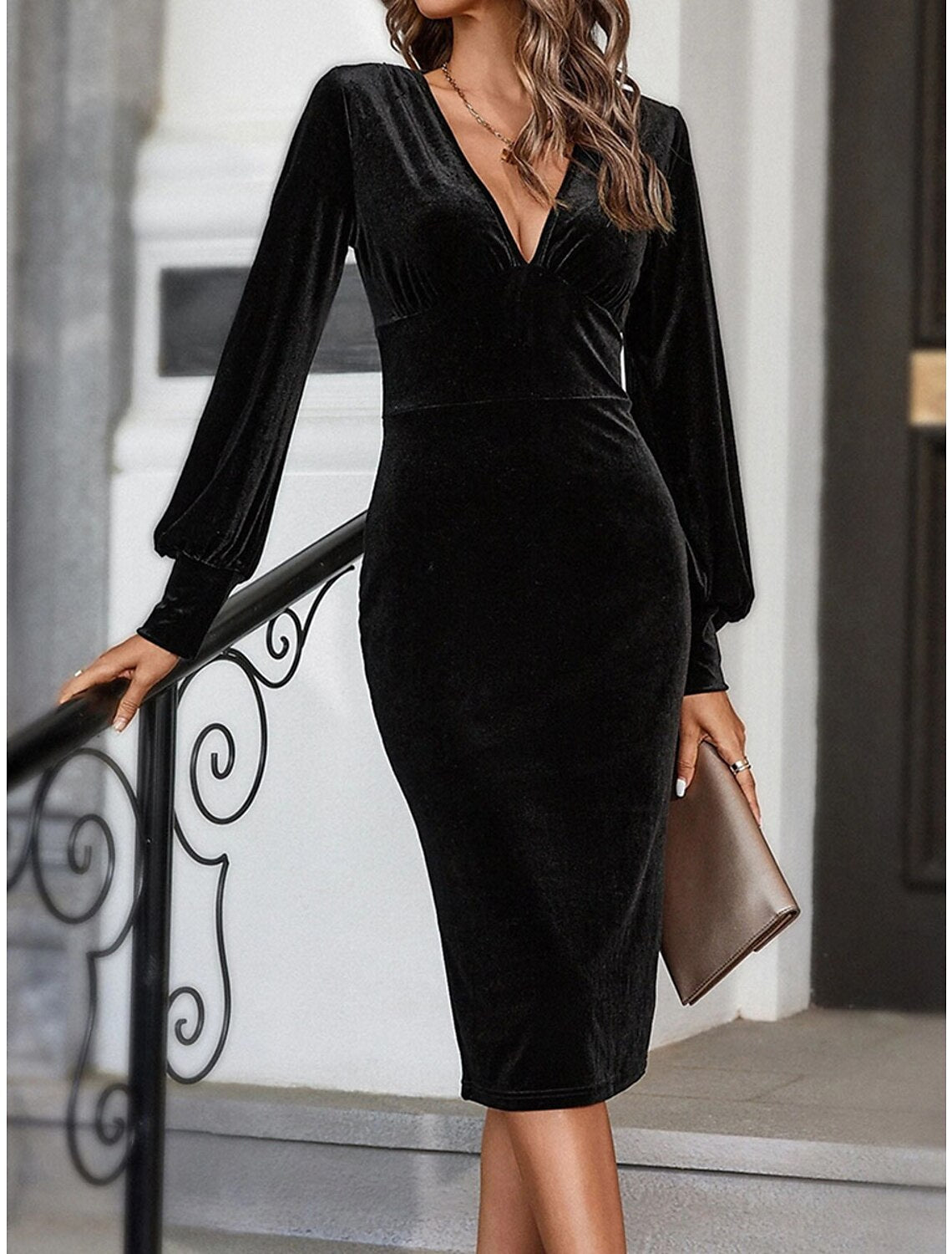 Vestido negro de mujer, vestido de cóctel, vestido de fiesta negro, vestido de terciopelo, vestido de invitada de boda, vestido midi, manga larga fruncida, primavera, otoño e invierno, cuello en V, vestido de moda de invierno, vestido de cóctel negro